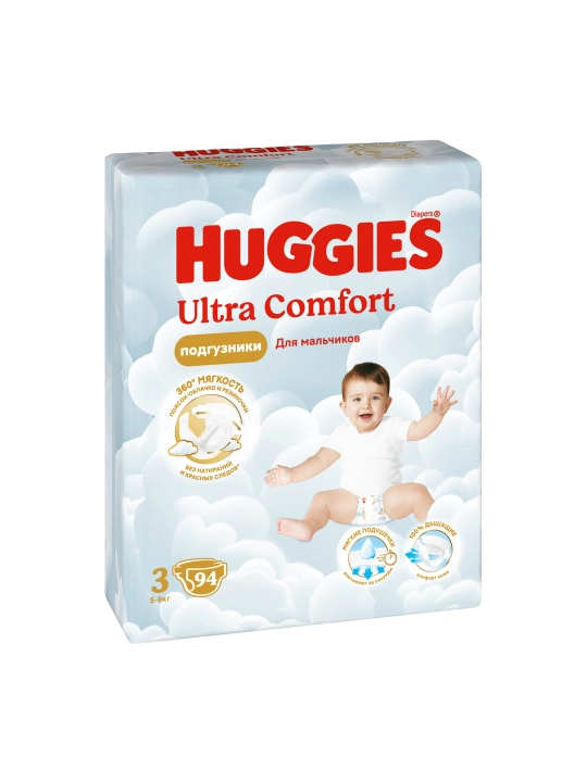 Подгузники Huggies Ultra Comfort для мальчиков 5-9кг, 3 размер, 94 шт