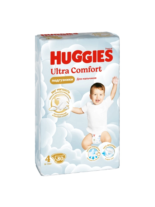 Подгузники Huggies Ultra Comfort для мальчиков 8-14кг, 4 размер, 80шт