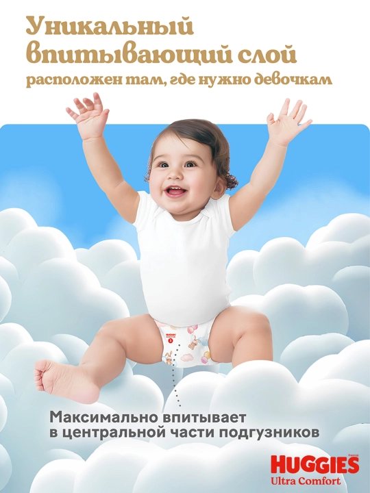 Подгузники Huggies Ultra Comfort для девочек 12-22кг, 5 размер, 64шт