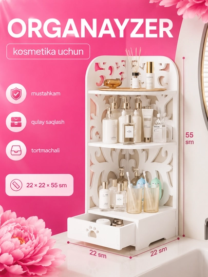 Kosmetika organayzeri, 3 qavatli saqlagich, tortmachali