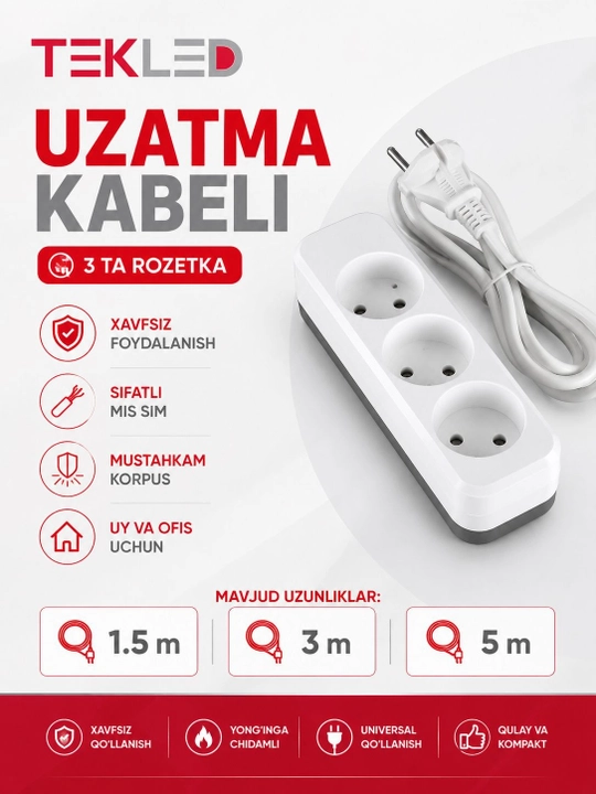 Uzatma kabeli, 3 ta rozetka, TEKLED - 