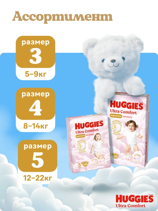 Подгузники Huggies Ultra Comfort для девочек 12-22кг, 5 размер, 42шт