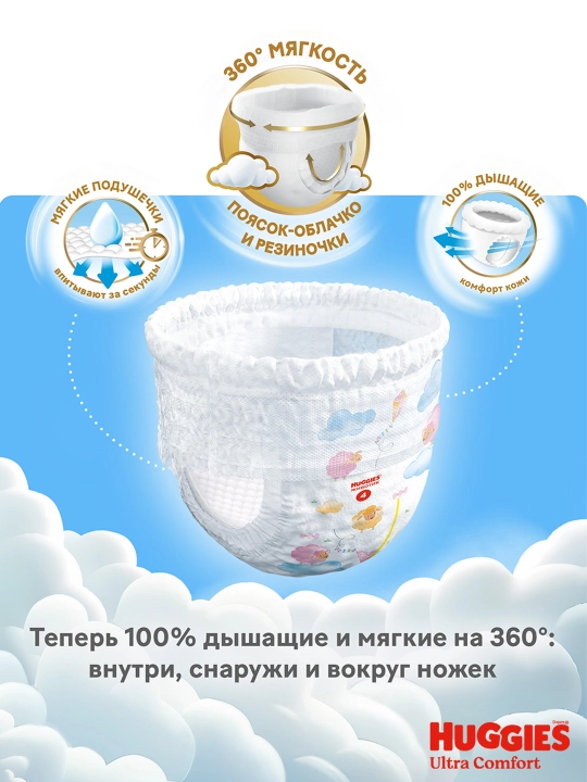 Подгузники трусики Huggies Ultra Comfort для девочек размер 4 (9-14 кг) 46 шт