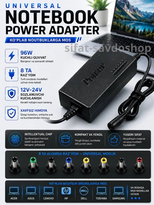 Noutbukni quvvatlash moslamasi, noutbuk uchun universal quvvat adapteri 12V-24V 96W - 