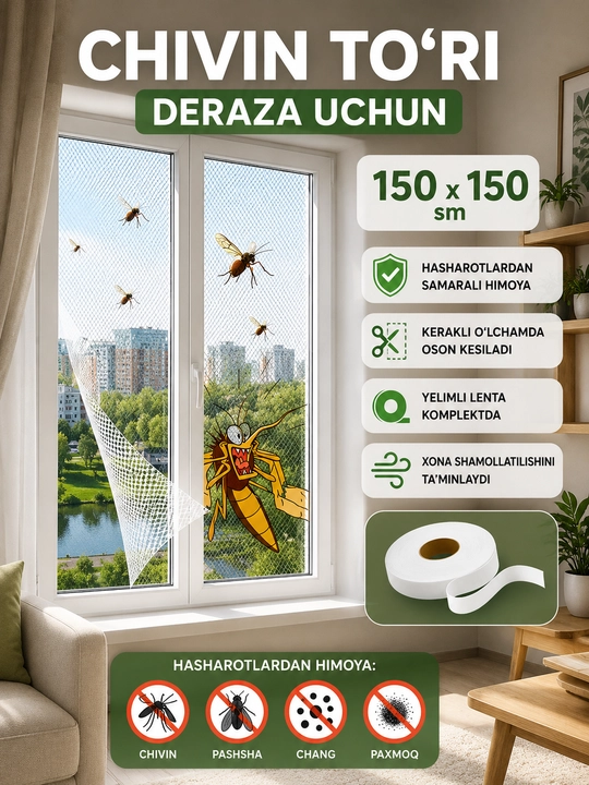 150x150 sm o‘lchamli, hasharot va changdan himoyalovchi universal deraza moskit to‘ri - 