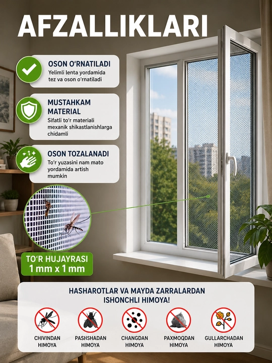 150x150 sm o‘lchamli, hasharot va changdan himoyalovchi universal deraza moskit to‘ri