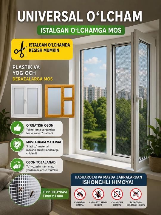 150x150 sm o‘lchamli, hasharot va changdan himoyalovchi universal deraza moskit to‘ri