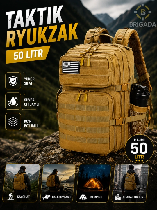 Ryukzak suv o'tkazmaydigan, taktik, harbiy, sayyohlik, 45 litr, BRIGADA