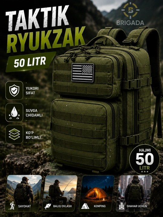 Ryukzak suv o'tkazmaydigan, taktik, harbiy, sayyohlik, 45 litr, BRIGADA - 