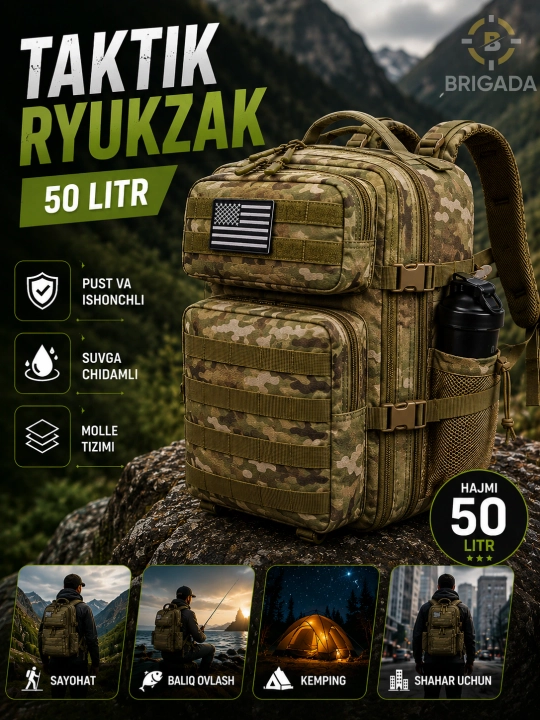 Ryukzak suv o'tkazmaydigan, taktik, harbiy, sayyohlik, 45 litr, BRIGADA