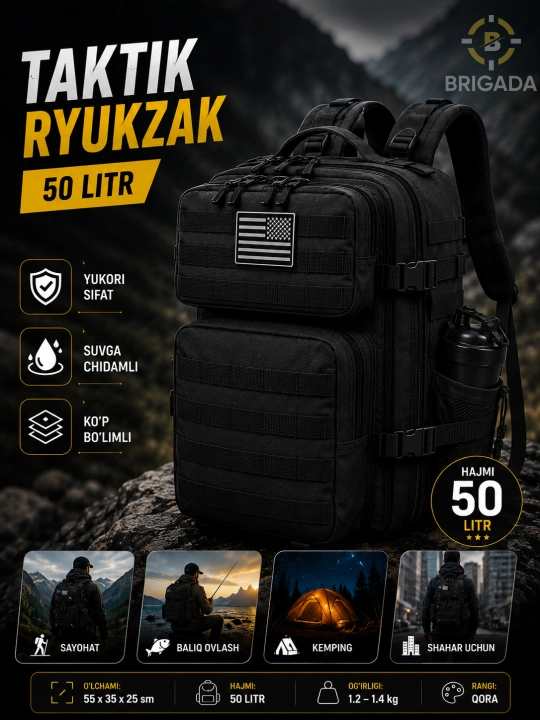 Ryukzak suv o'tkazmaydigan, taktik, harbiy, sayyohlik, 45 litr, BRIGADA