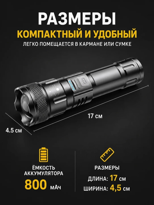 Фонарь светодиодный, с зумом и функцией Power Bank (800 мАч)