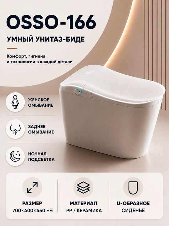 Смарт унитаз-биде OSSO-166 с подсветкой и функцией омывания - 