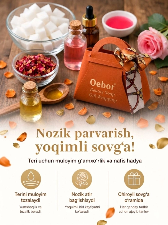 "Oebor" xushbo'y sovgʻabop go'zallik atir sovun, premium sumkachada, 4 xil rangda - 