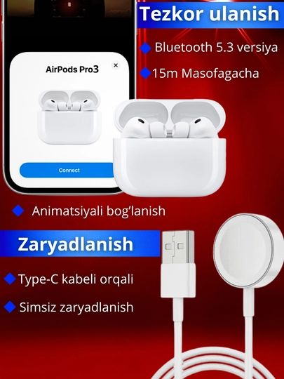 Pods Pro 3 simsiz quloqchinlari, Android va iPhone uchun Bluetooth sensorli quloqchinlar