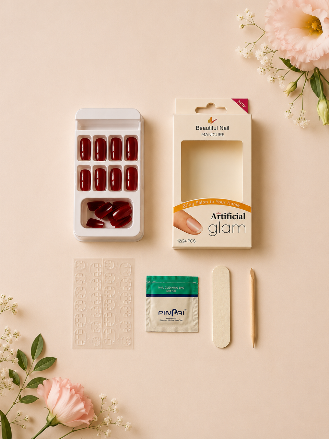 Ulama tirnoqlar, 24 dona + manikyur to‘plami, turli dizaynda, tezkor salon manikyuri