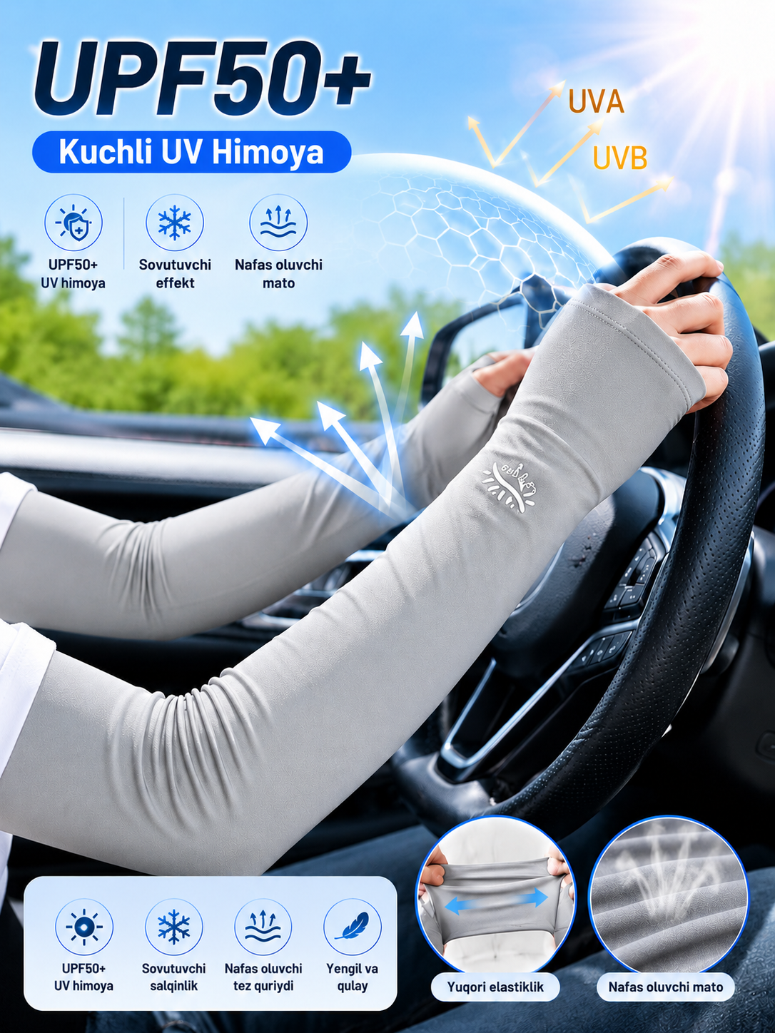 Sovutuvchi qo‘l yenglari , quyoshdan himoya, velosiped, yugurish va haydash uchun