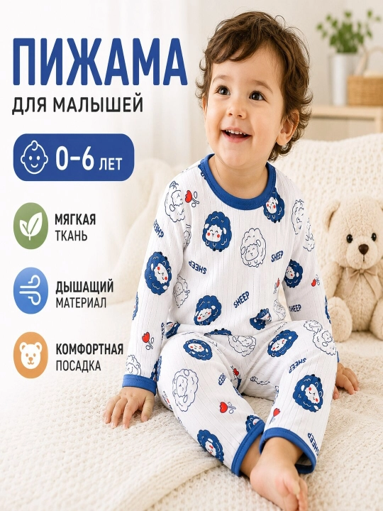 Детский комплект, пижама, хлопок, футболка, штаны, 0-6 лет, одежда для дома - 