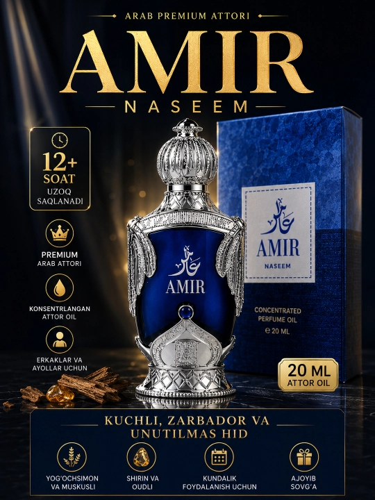 Naseem Amir Original Arab Attori 20 ml – Alkogolsiz Premium Parfyum, Erkaklar uchun - 