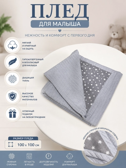 Детский гипоаллергенный плед размером 100х100 см