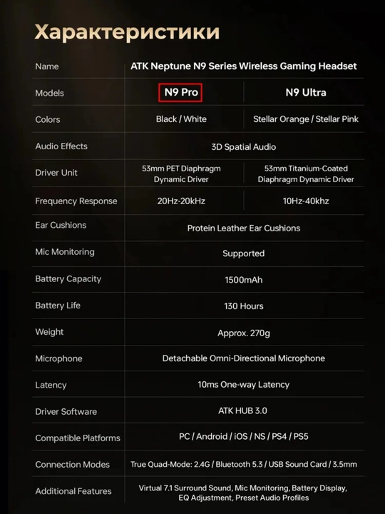 Simli o‘yin quloqchinlari ATK NEPTUNE N9 Pro, Ultra modeli