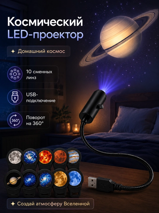 Ночник проектор космоса USB для детей 6 10 линз гибкий для спальни - 