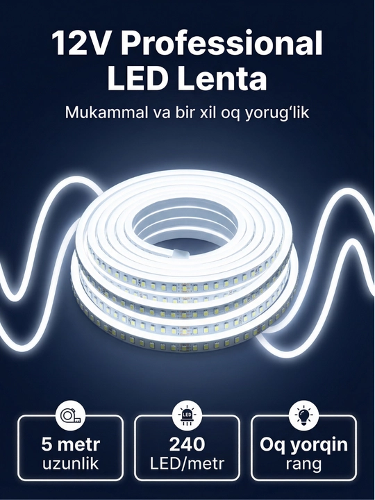 LED лента 12V 120/240 LED/м (5 метров) SMD 2835, цветная: красный, белый, синий, небесный - 