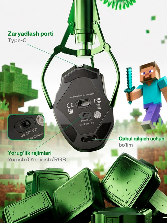Simsiz sichqonchasi RGB yorug'lik, 3200 DPI, 800 mAh batareya, kompyuter va noutbuk uchun