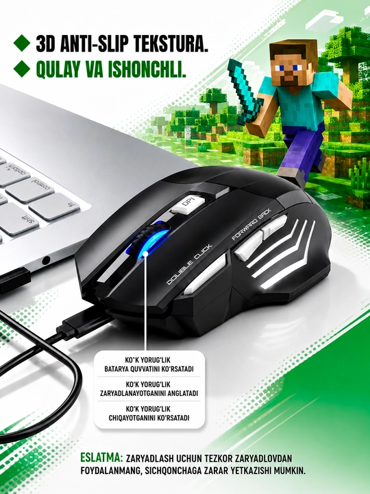 Simsiz sichqonchasi RGB yorug'lik, 3200 DPI, 800 mAh batareya, kompyuter va noutbuk uchun