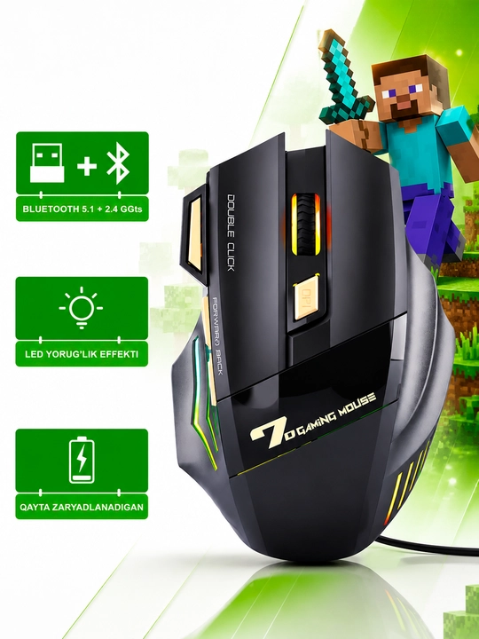 Simsiz sichqonchasi RGB yorug'lik, 3200 DPI, 800 mAh batareya, kompyuter va noutbuk uchun