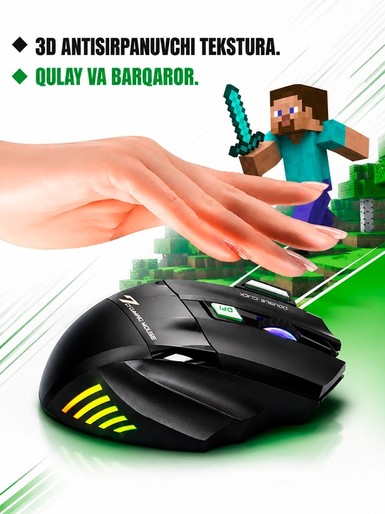 Simsiz sichqonchasi RGB yorug'lik, 3200 DPI, 800 mAh batareya, kompyuter va noutbuk uchun