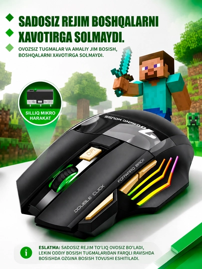 Simsiz sichqonchasi RGB yorug'lik, 3200 DPI, 800 mAh batareya, kompyuter va noutbuk uchun