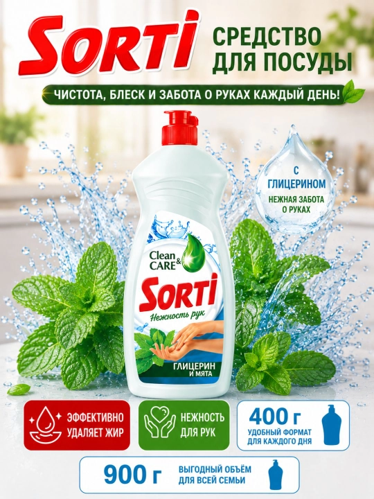 Средство для посуды SORTI для легкого удаления жира, 400 гр и 900 гр - 