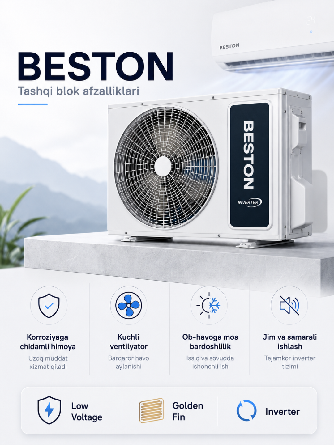 BESTON Inverter konditsioneri 12,18,24 BTU — Wi-Fi, R32 freon, Full DC Inverter - 
