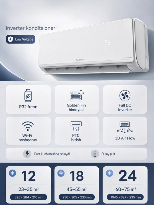 BESTON Inverter konditsioneri 12,18,24 BTU — Wi-Fi, R32 freon, Full DC Inverter