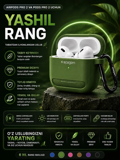 Премиальный защитный чехол для AirPods Pro 2 и Pods Pro 2 с карабином, ударопрочный — 5BARAKA-GILOF-ЗЕЛЕН