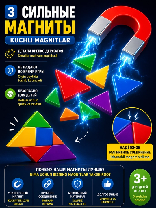 Набор Монессори Магнитный Танграм – 7 Цветных Фигур и Книга с 96 Заданиями
