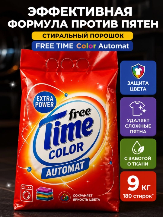 Стиральный порошок "FREE TIME" Color Automat, 9000 г - 