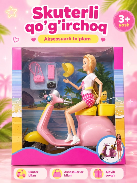 Skuterli qo‘g‘irchoq o‘yinchoq to‘plami, aksessuarli Moto Girl - 