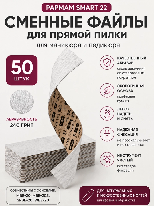 STALEKS Almashtiriladigan fayllar papmAm uchun to‘g'ri pilka, Smart 22, 240 grit, 50 dona - 