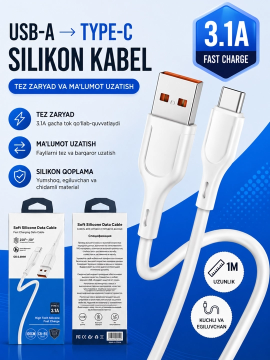 Type c kabel, usb type c kabel, tez zaryad kabeli, silikon kabel - 