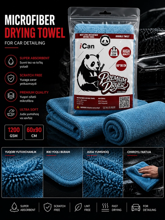 Avtomobilni yuvgandan keyin quritish uchun mo‘ljallangan mikrofiber sochiq - 