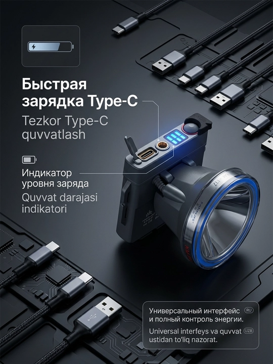 KM-113 LED peshona chirog‘i, 6000 mA/soat, suv o‘tkazmaydigan, Type-C zaryadlovchi
