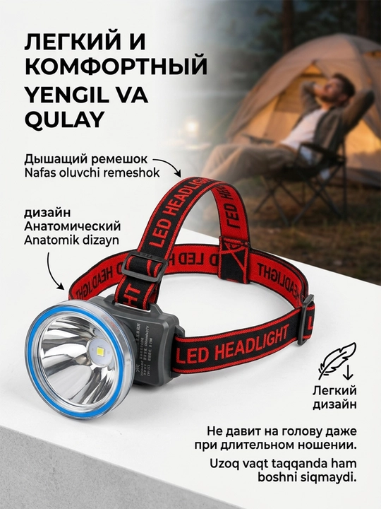 KM-113 LED peshona chirog‘i, 6000 mA/soat, suv o‘tkazmaydigan, Type-C zaryadlovchi - 