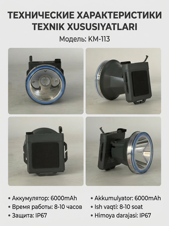 KM-113 LED peshona chirog‘i, 6000 mA/soat, suv o‘tkazmaydigan, Type-C zaryadlovchi