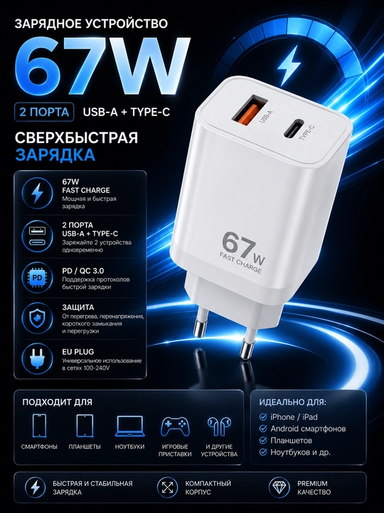 67W tez zaryadlovchi adapter, 2 portli (USB-A + Type-C) - 