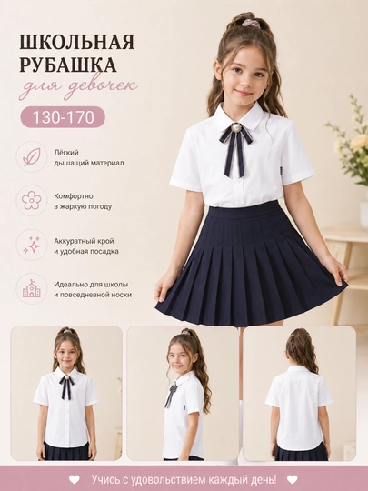 Школьная рубашка для девочек с коротким рукавом и галстуком-брошью, 130–170