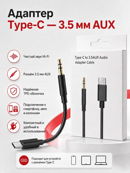 AUX kabeli 3.5mm: iPhone (Lightning) va Android (Type-C) uchun audio adapter, 1 m - 