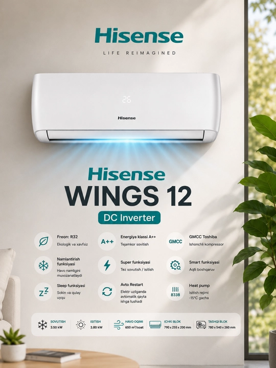 Кондиционер Hisense WINGS Inverter 12/18 — Wi-Fi, R32, A++, охлаждение и обогрев