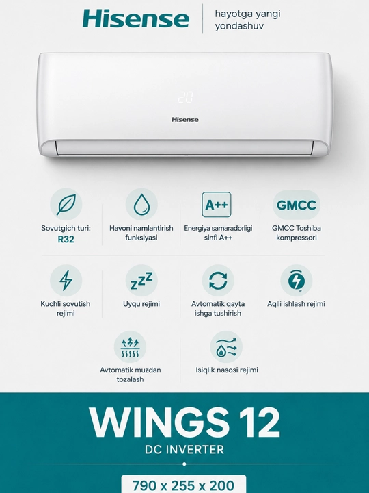 Кондиционер Hisense WINGS Inverter 12/18 — Wi-Fi, R32, A++, охлаждение и обогрев - 